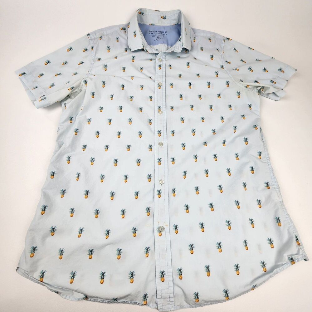 Banana Republic Luxe Stretch Poplin XL Tall Pineapple Print Button Shirt Resort